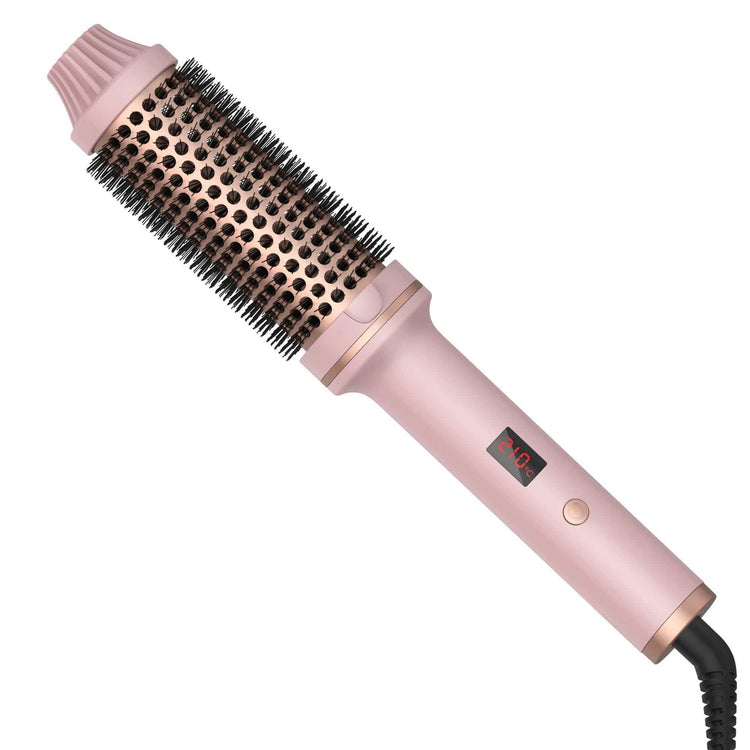 Pink ceramic round hair styling brush with digital temperature display, black bristles