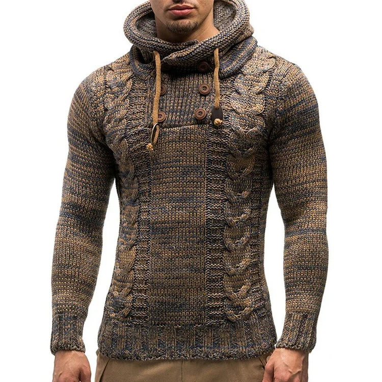 Men’s brown cable knit pullover sweater with hood, drawstrings, and button details, slim fit.