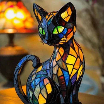 Stained glass cat lamp with bright blue, orange, and yellow mosaic pieces, sitting upright.