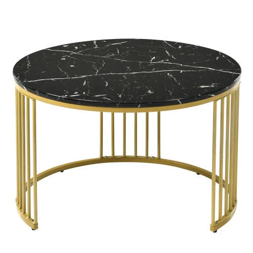 Round black marble coffee table with gold metal frame and modern design