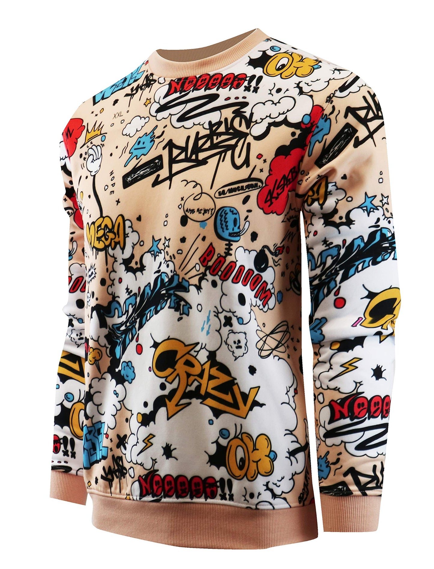 SCREENSHOT-F11025 Mens Urban Hip Hop Fleece Pullover - Crazy Writing Cartoon Animatin Applique Crew Neack Streetwear Sweatshirt-Multi-3XLarge