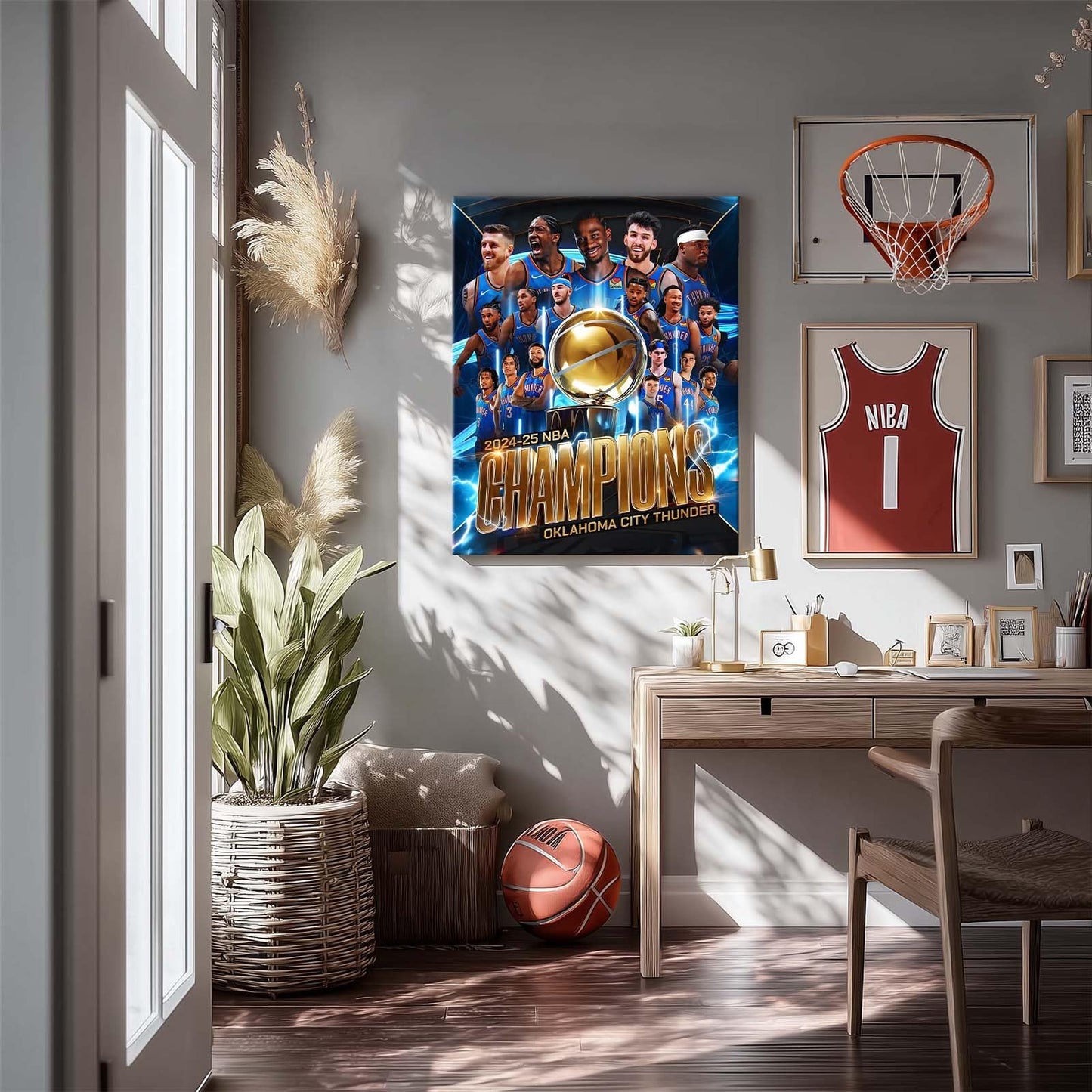 2025 NBA Finals Canvas Wall Art, Oklahoma City Thunder Team Champions Poster Print, Basketball Celebration Framed Artwork for Sports Room, Game Room or Boys Bedroom Wall Display Decor 20x24inch