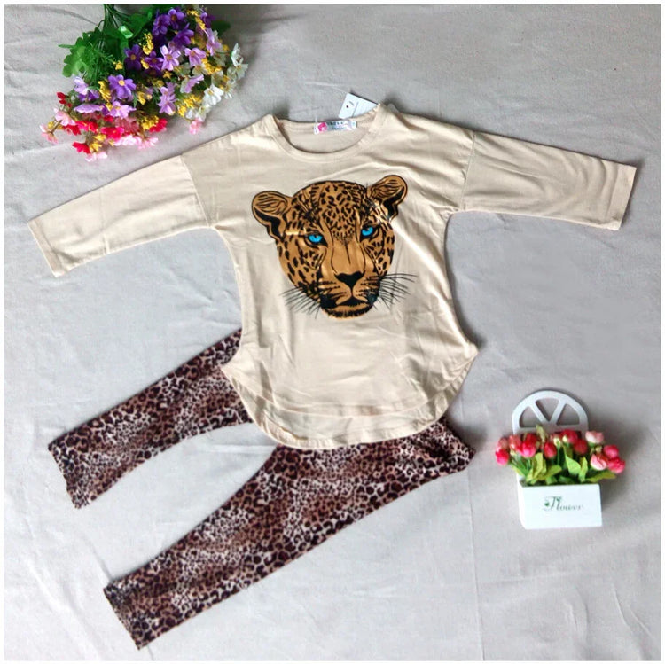 Kids beige long sleeve top with leopard print and matching leopard print leggings, cotton set.