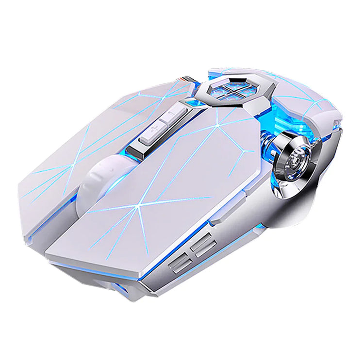 Futuristic white gaming mouse with blue LED lighting and sleek, angular design