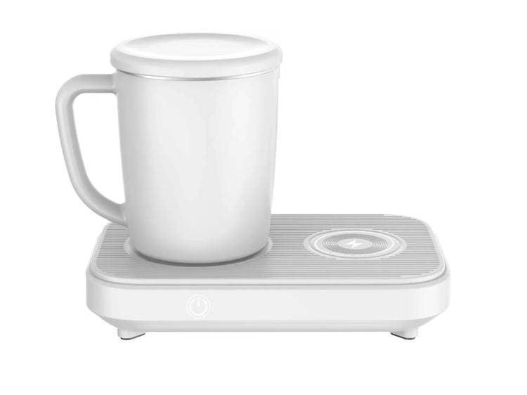 White ceramic mug with lid on a modern electric mug warmer, minimalist design