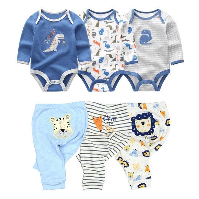 Baby boy clothing set with blue dinosaur and animal print bodysuits and matching pants