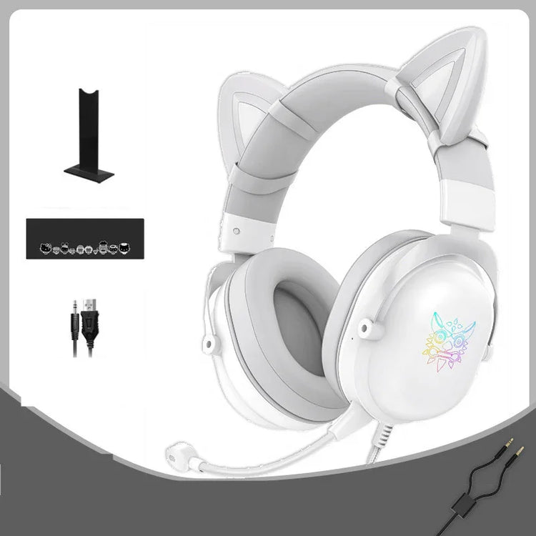 White over-ear headphones with cat ear design, cushioned headband, and detachable mic