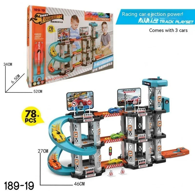 Three-level plastic car garage playset in gray and blue with spiral ramp and toy cars.