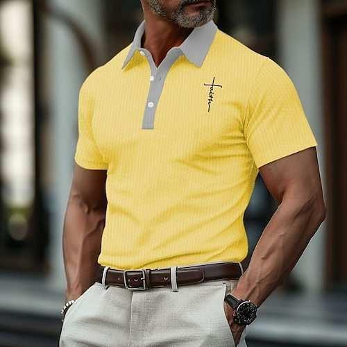 Men’s slim fit short sleeve yellow polo shirt with grey contrast collar and ribbed texture