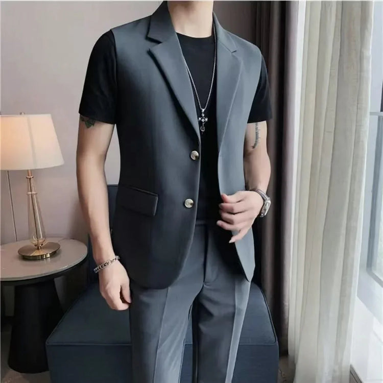 Men’s modern gray suit vest and pants set with black short sleeve shirt, slim fit