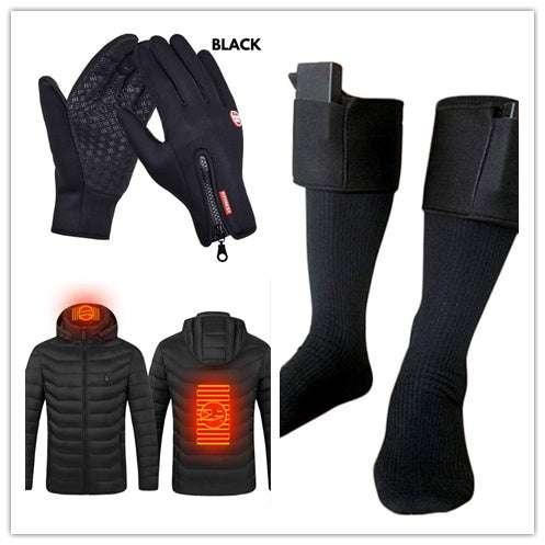 Black insulated gloves, heated black socks, and a heated black puffer jacket for winterwear.