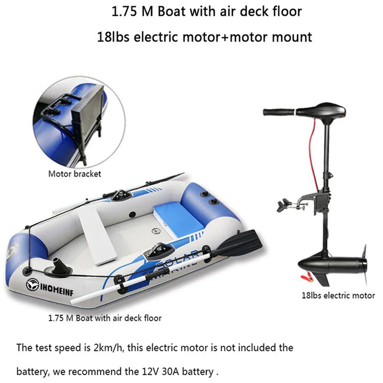 Blue and white inflatable boat with air deck floor, motor mount, and 18lb electric motor.