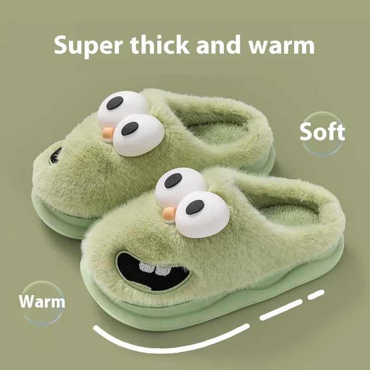 Green plush slippers with cartoon face, thick soft material, closed-toe, cozy fit
