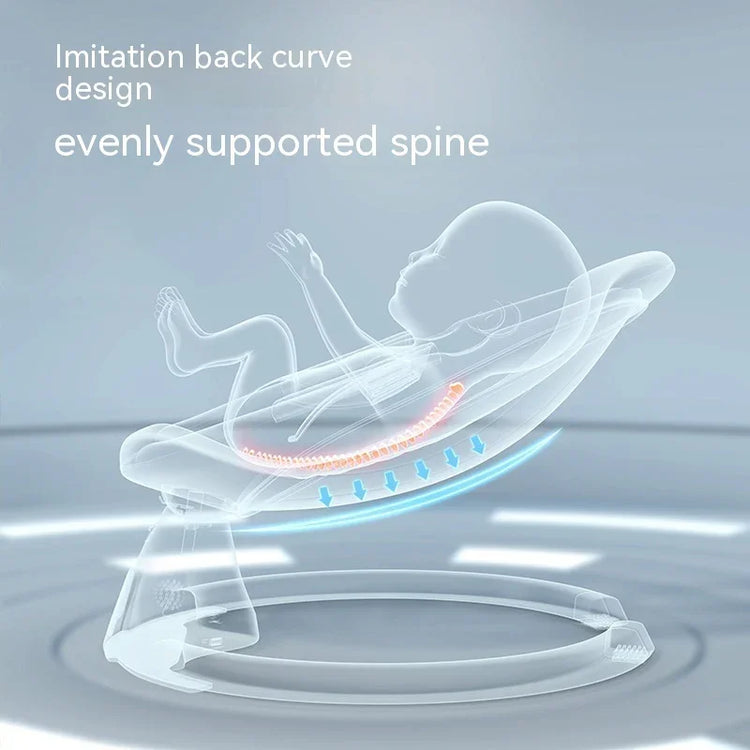 Transparent ergonomic baby rocker with curved design for spine support, modern setting