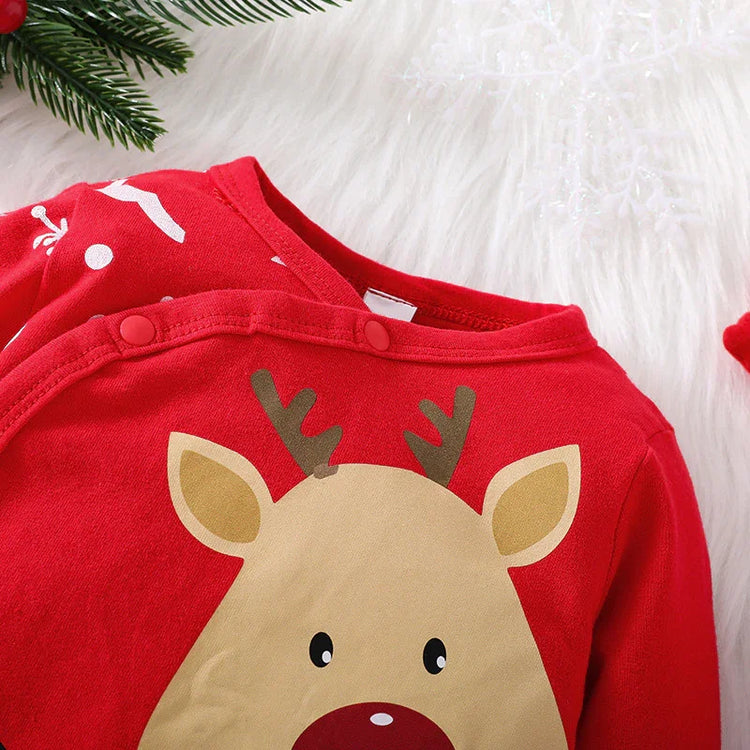 Red cotton baby romper with reindeer print, festive design, snap buttons, relaxed fit