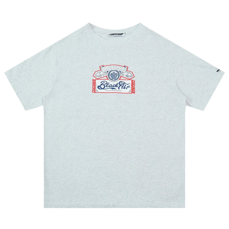 Light grey oversized t-shirt with short sleeves and graphic print on chest, casual streetwear style.