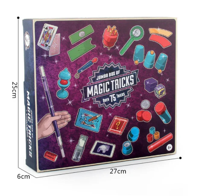 Jumbo magic tricks box set with colorful illustrated props, purple box, 25x27cm size