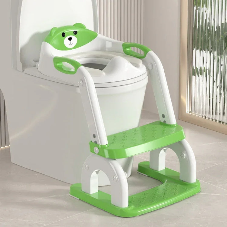 Green and white kids potty training toilet seat with bear design, step ladder, plastic material