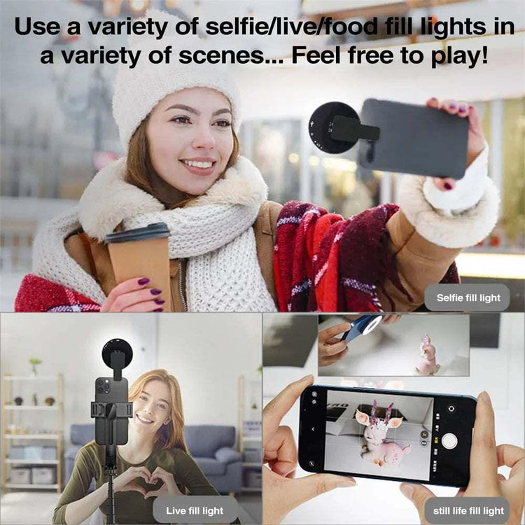 Woman in cozy winter streetwear with beanie, scarf, and red plaid jacket, holding phone for selfie.