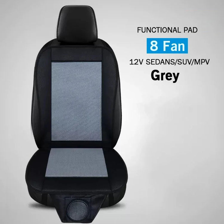 Grey breathable car seat cover with mesh fabric and built-in cooling fans, fits most vehicles