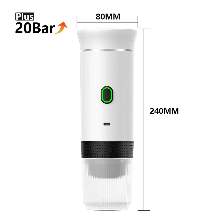 White cylindrical portable espresso machine with power button, black grip, and measurement labels.