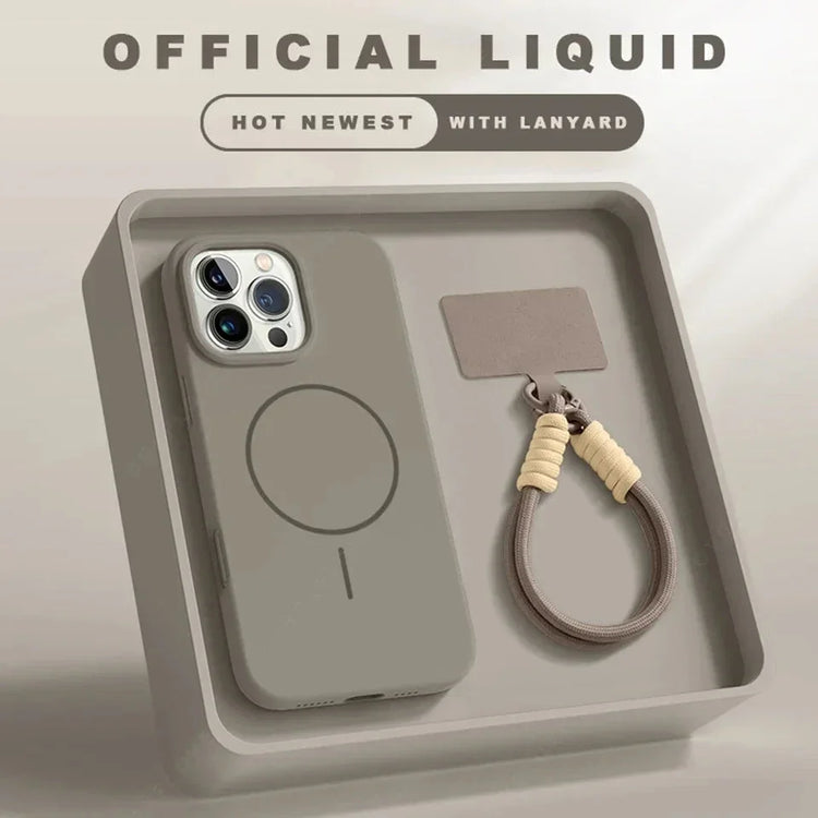 Matte beige silicone phone case with lanyard and MagSafe compatibility in tray display