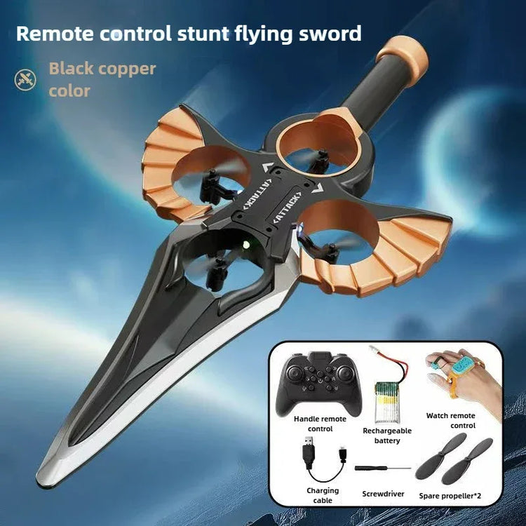 Black copper remote control flying sword toy with drone propellers and included accessories