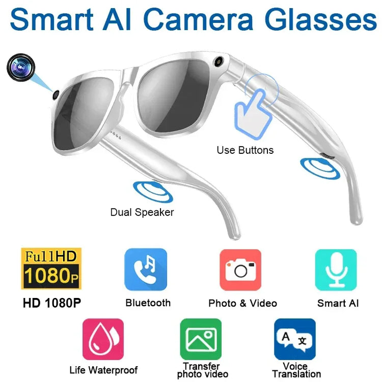 White futuristic sunglasses with built-in HD camera, dual speakers, and control buttons.