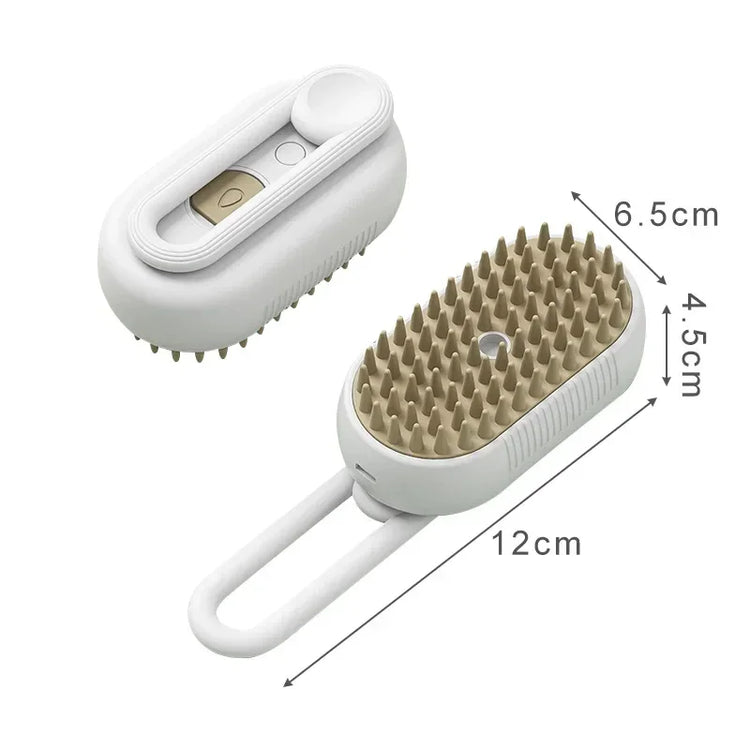 White and beige silicone grooming brush with ergonomic handle and spiked bristles, 12cm length
