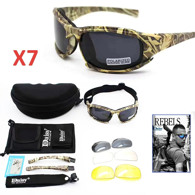 Camouflage wraparound polarized sunglasses with interchangeable lenses, sports fit, and carrying case.