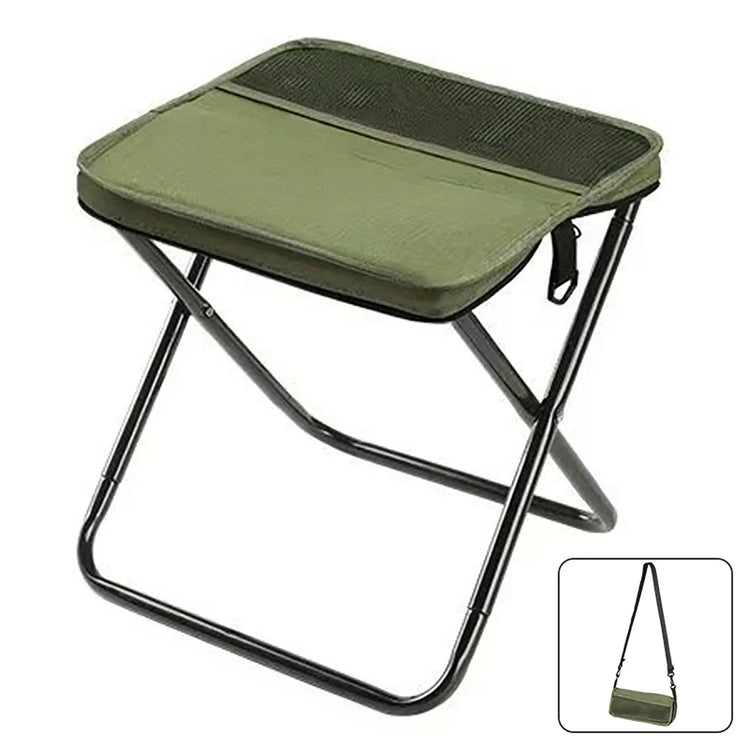 Olive green folding camping stool with black metal frame and portable carrying strap