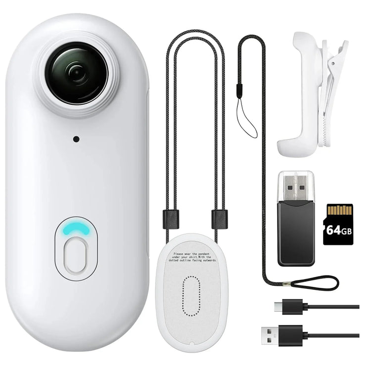 White wearable camera with lanyard, clip, USB adapter, 64GB memory card, and charging cables