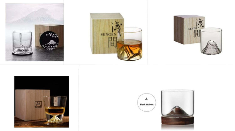 Clear glass whiskey tumblers with mountain peak design and wooden gift boxes, modern minimalist style.