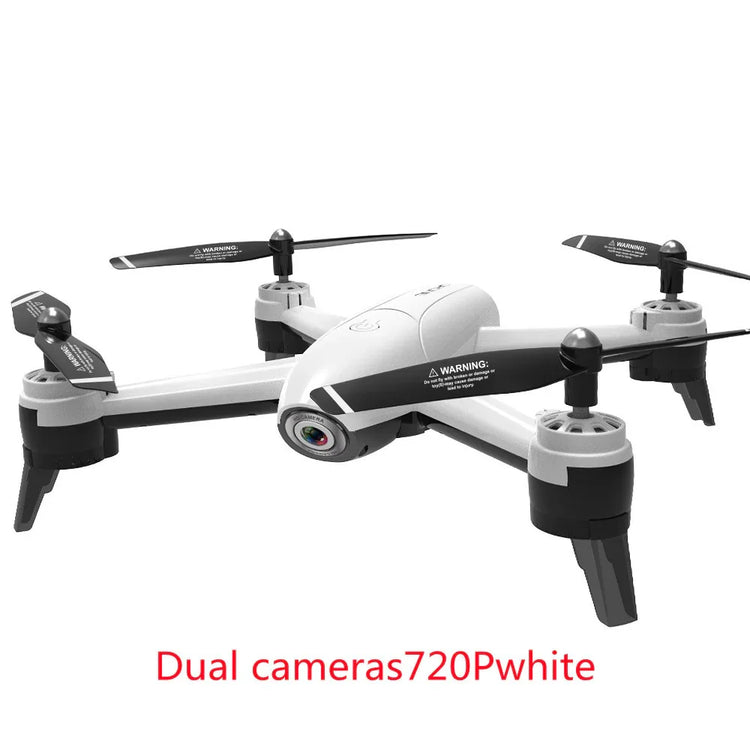 White quadcopter drone with dual cameras, 720P resolution, sleek modern design