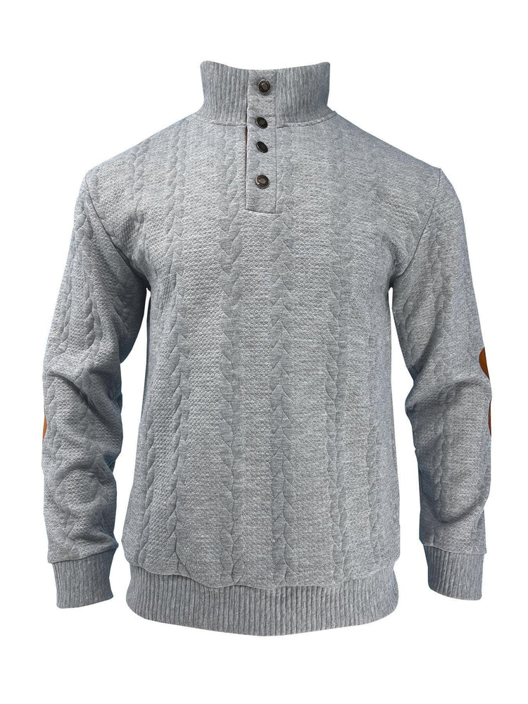 Gray cable knit pullover sweater with high ribbed collar, button placket, and relaxed fit.