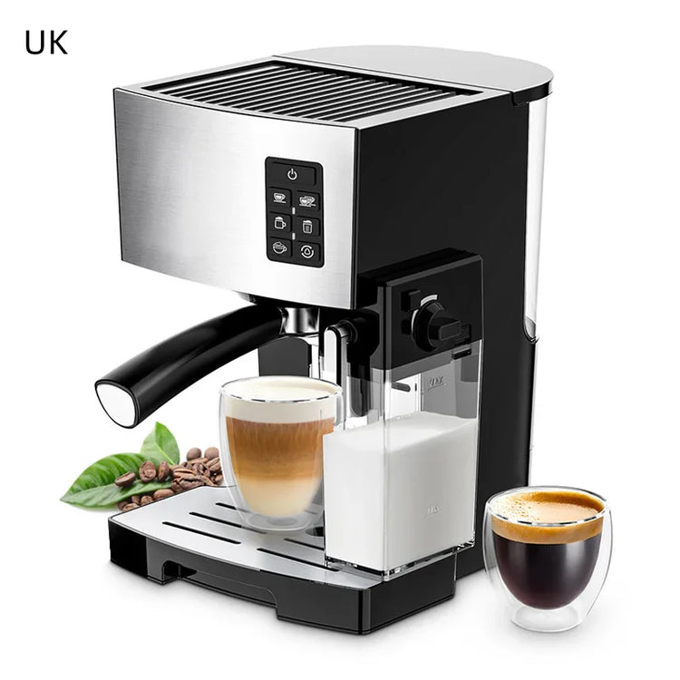 Modern espresso machine with stainless steel finish, touchscreen controls, and dual coffee cups