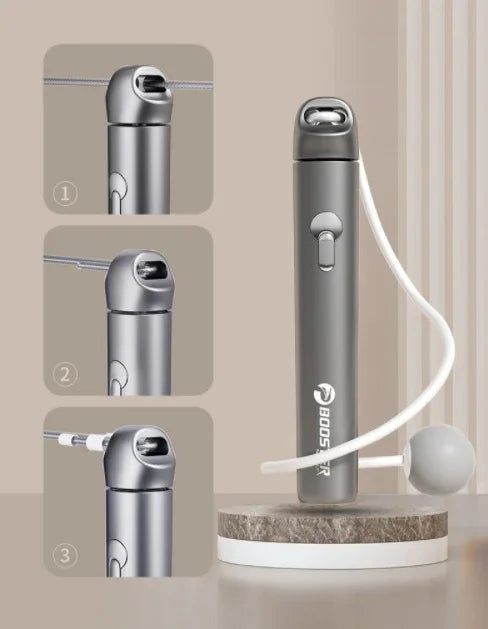 Sleek metallic adjustable jump rope with quick-release mechanism, shown in step-by-step setup.