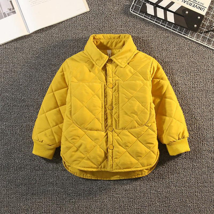 Yellow quilted jacket with front pockets, button closure, and ribbed cuffs, relaxed fit.