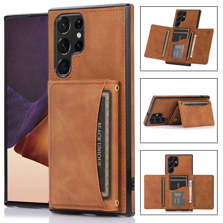 Brown leather wallet phone case with card slots, slim fit design, multiple views