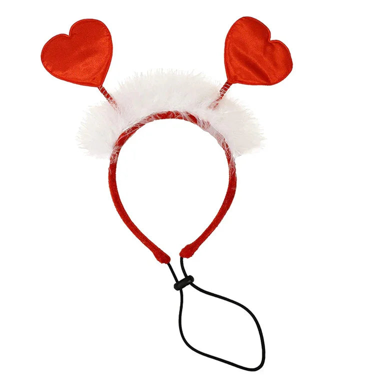Red heart-shaped headband with white fluffy trim and adjustable black strap, playful accessory.