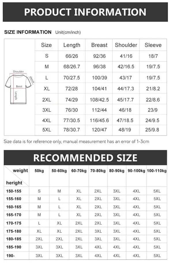 T-shirt size chart showing length, chest, shoulder, sleeve measurements and fit guide by weight and height.