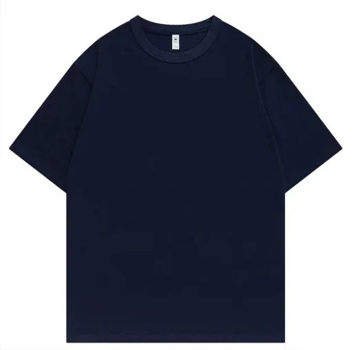 Classic navy blue oversized short sleeve t-shirt, cotton fabric, relaxed fit.