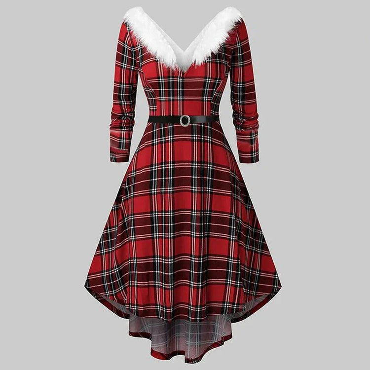 Red plaid A-line dress with faux fur trim, V-neck, long sleeves, and belted waist.