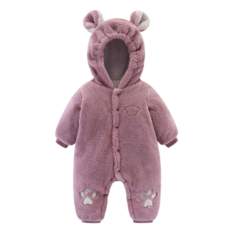 Plush purple baby onesie with hood, bear ears, and paw print details, cozy fit