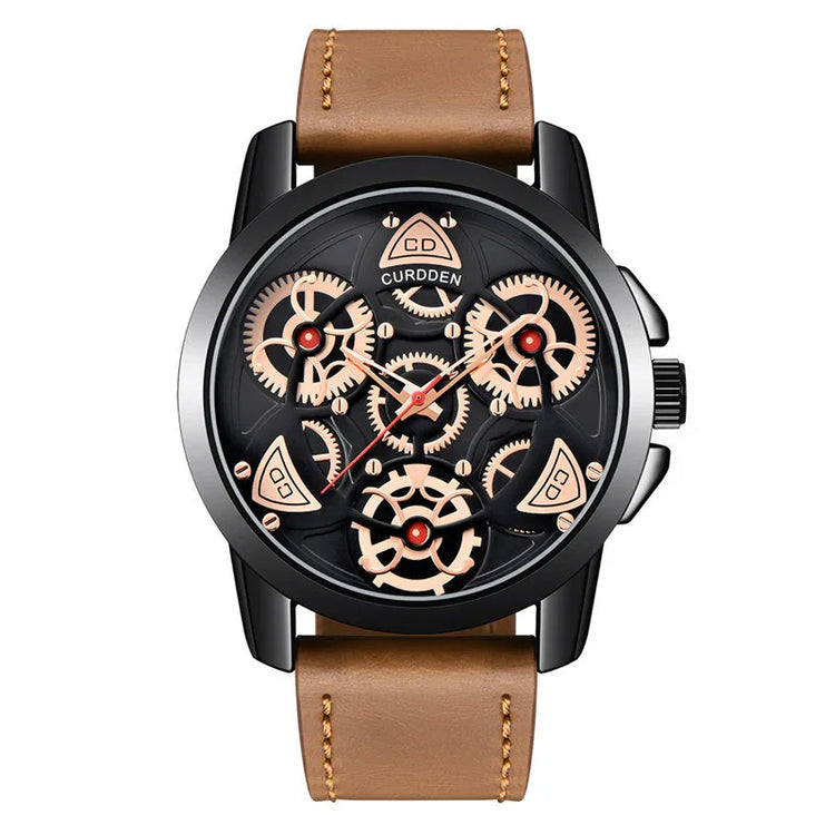Futuristic skeleton dial watch with brown leather strap and visible rose gold gears