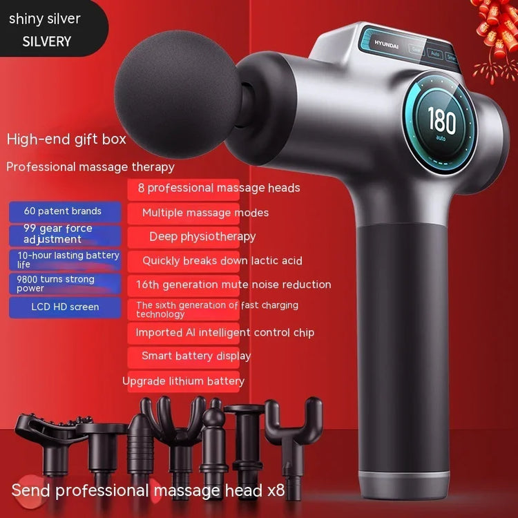 Shiny silver massage gun with LCD screen and eight interchangeable black massage heads.