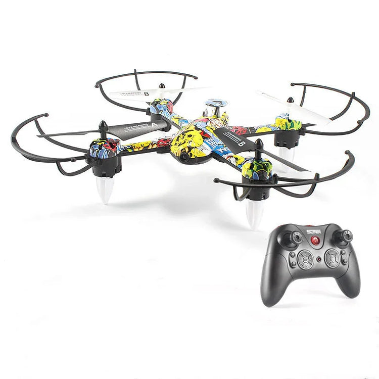 Colorful graphic quadcopter drone with propeller guards and black remote controller