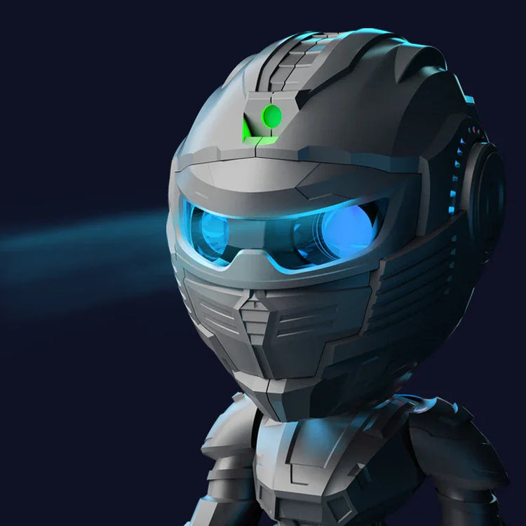 Futuristic gray armored figure with blue glowing visor and green forehead light, techwear style