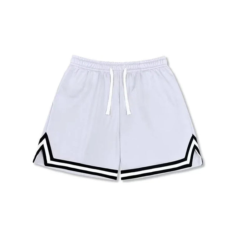 White mesh athletic shorts with black chevron trim, relaxed fit, elastic waistband