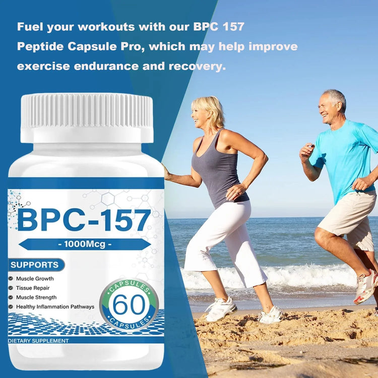 Active older adults jogging on beach in casual athletic wear, next to supplement bottle